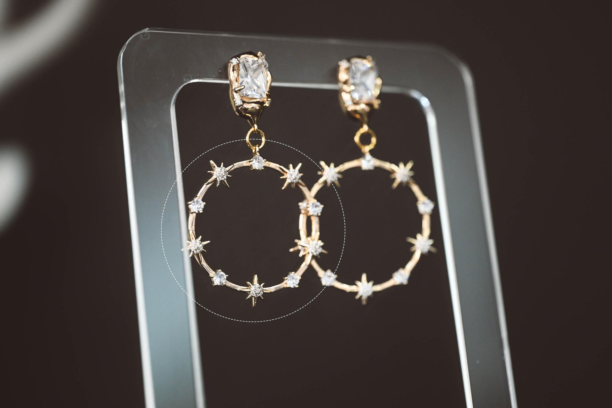 4pcs CZ pave Gold/ Silver Star Ring Pendants 37x35mm, 18K Gold/ Rhodium plated Brass, Rhinestone Round Loop Circle Charms (GB-1048-H)