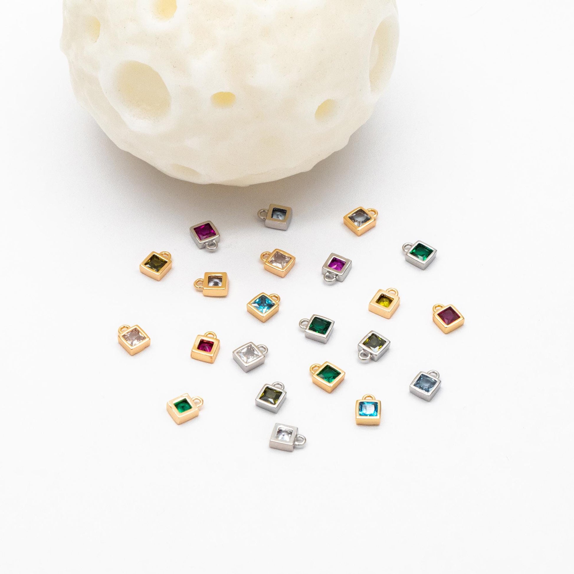 10pcs CZ Pave Gold/ Silver tone Square Charms, Mini Cube Pendants 4x6mm, Gold/ Rhodium plated Brass, Multi Colors (GB-1025)