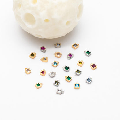 10pcs CZ Pave Gold/ Silver tone Square Charms, Mini Cube Pendants 4x6mm, Gold/ Rhodium plated Brass, Multi Colors (GB-1025)