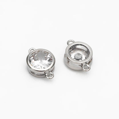 10pcs Gold/ Silver Tone Bezel Gemstone Connector 4/ 5/ 6/ 7mm, 18K Gold/ Rhodium plated Brass, Clear CZ Coin Charms (GB-011)