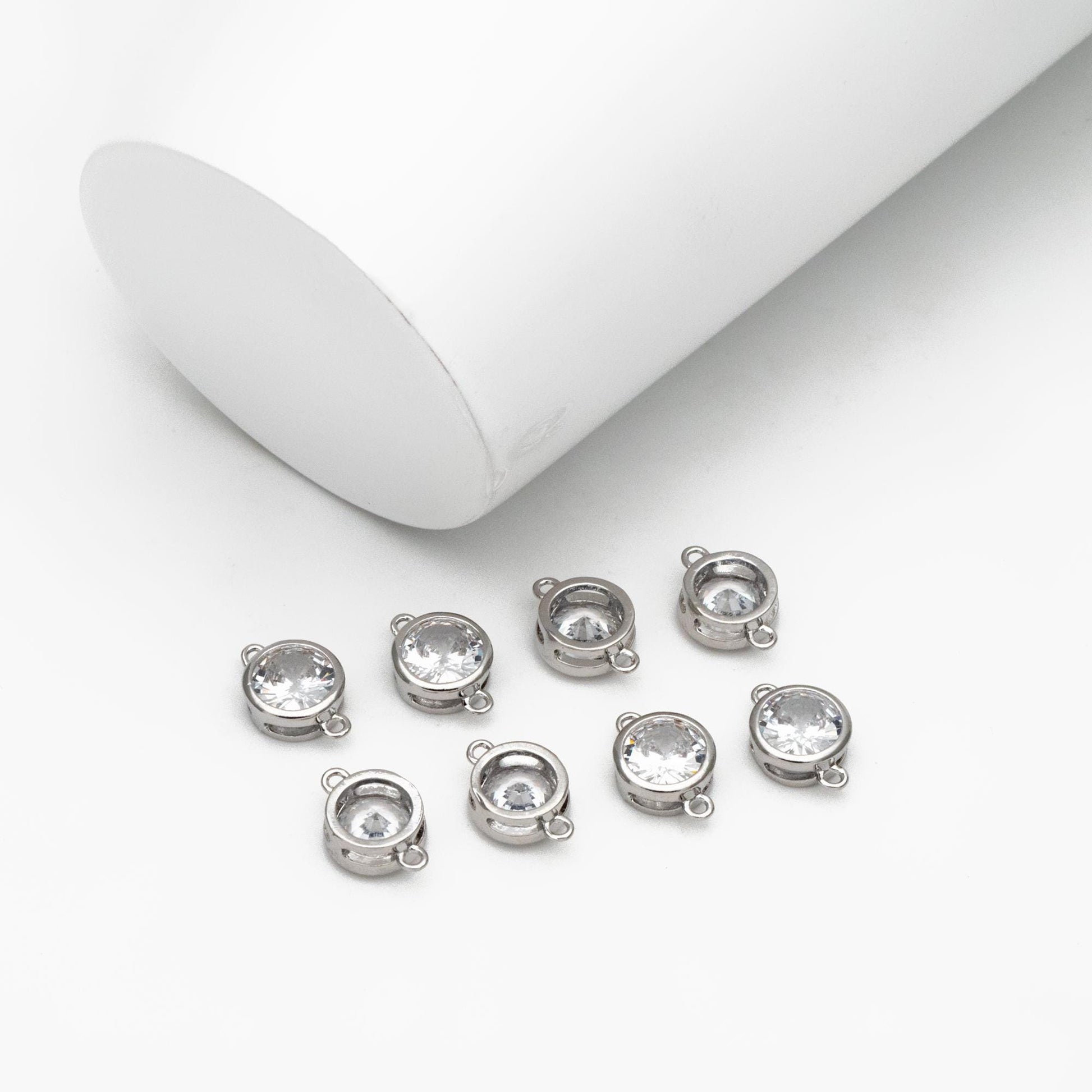 10pcs Gold/ Silver Tone Bezel Gemstone Connector 4/ 5/ 6/ 7mm, 18K Gold/ Rhodium plated Brass, Clear CZ Coin Charms (GB-011)