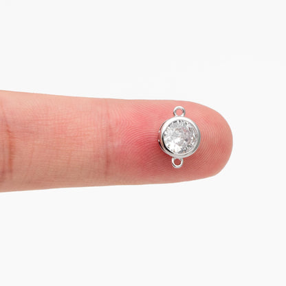 10pcs Gold/ Silver Tone Bezel Gemstone Connector 4/ 5/ 6/ 7mm, 18K Gold/ Rhodium plated Brass, Clear CZ Coin Charms (GB-011)