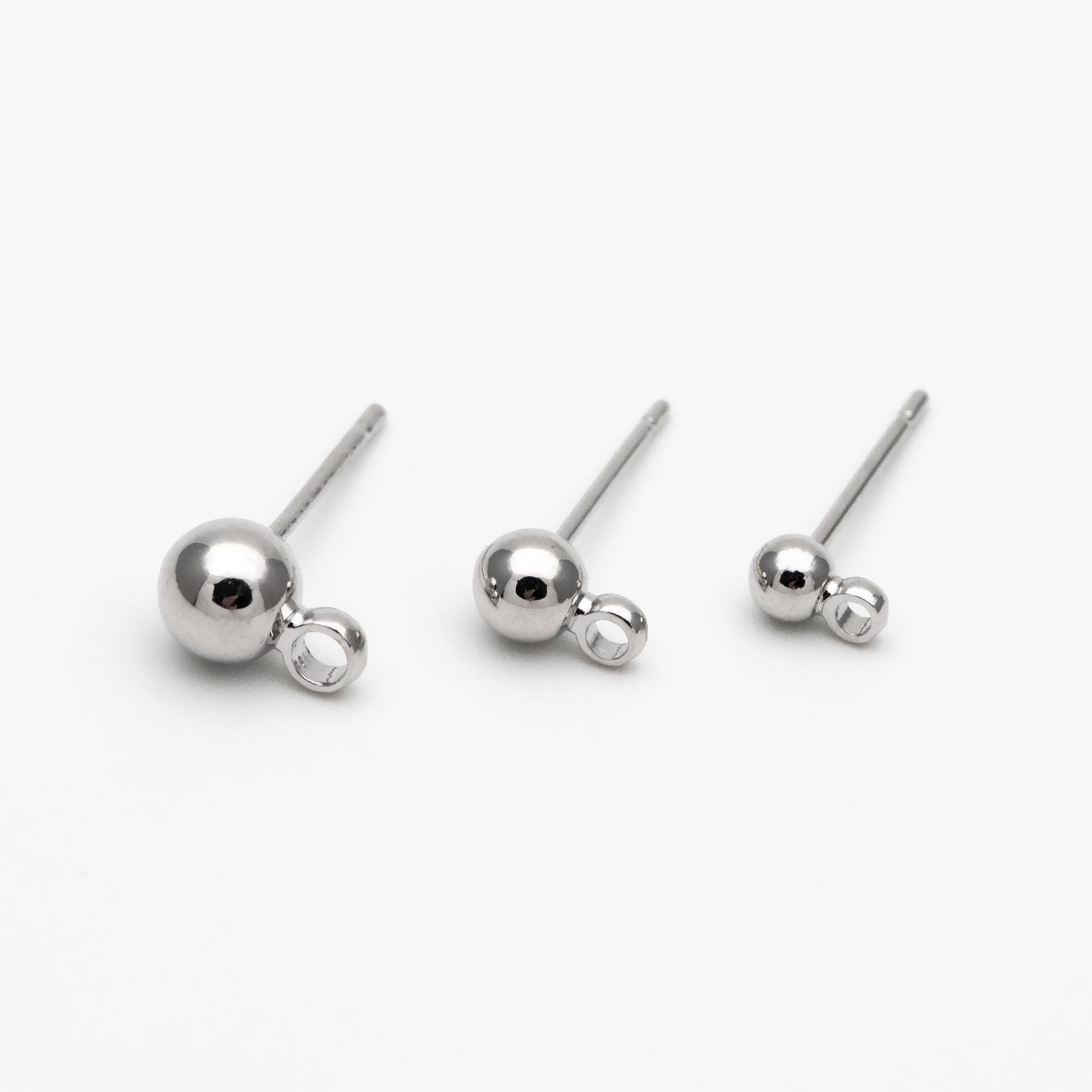 20pcs Gold/ Rhodium plated Brass Stud Earring, Ball Ear Posts with Ring/ Loop, 3/ 4/ 5/ 8mm Ball Size (GB-136)