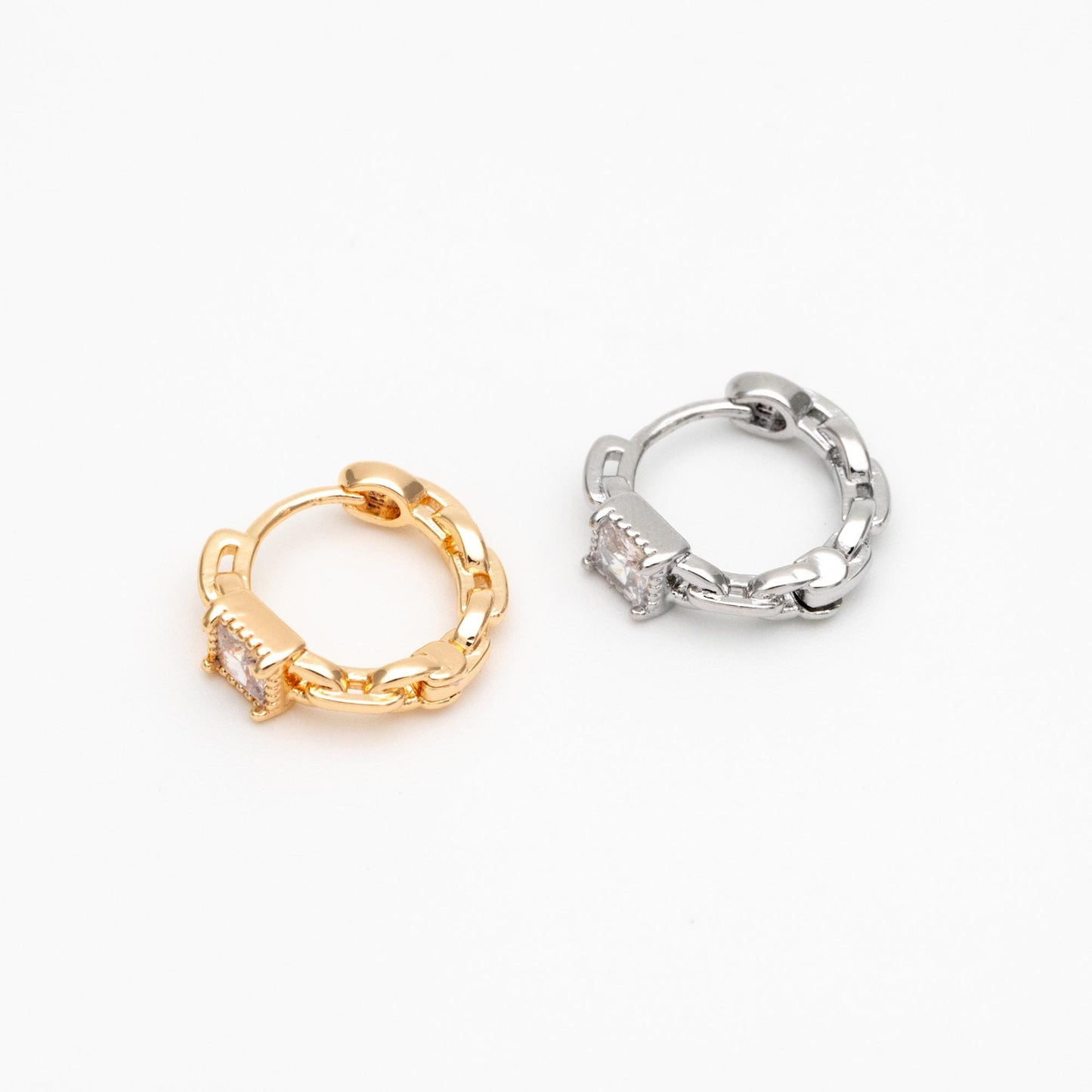 4pcs CZ Pave Gold/ Silver Tone Chain Hoop Earrings, 18K Real Gold/ Rhodium plated Brass, Huggie Earrings, Chain Earrings (GB-3020-B)