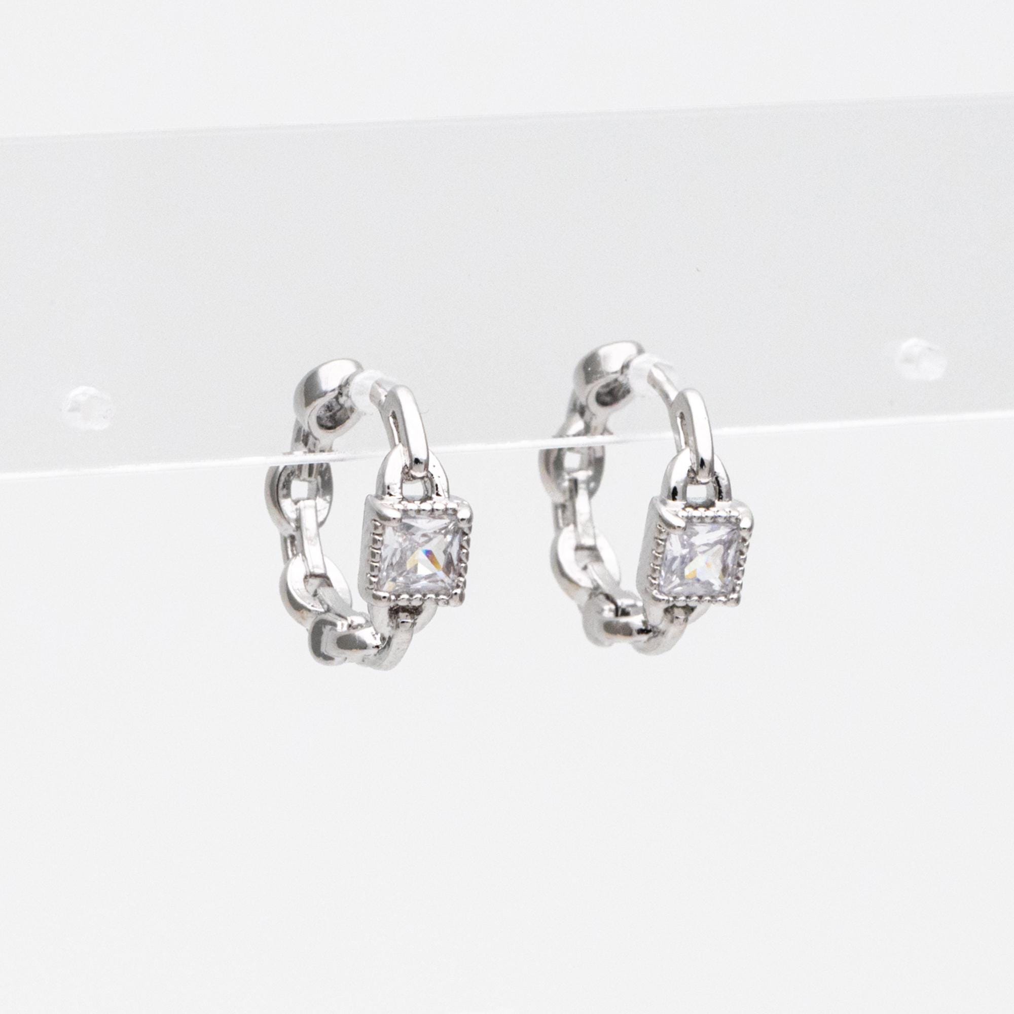 4pcs CZ Pave Gold/ Silver Tone Chain Hoop Earrings, 18K Real Gold/ Rhodium plated Brass, Huggie Earrings, Chain Earrings (GB-3020-B)