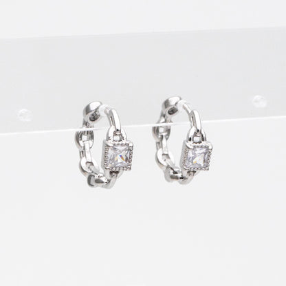 4pcs CZ Pave Gold/ Silver Tone Chain Hoop Earrings, 18K Real Gold/ Rhodium plated Brass, Huggie Earrings, Chain Earrings (GB-3020-B)