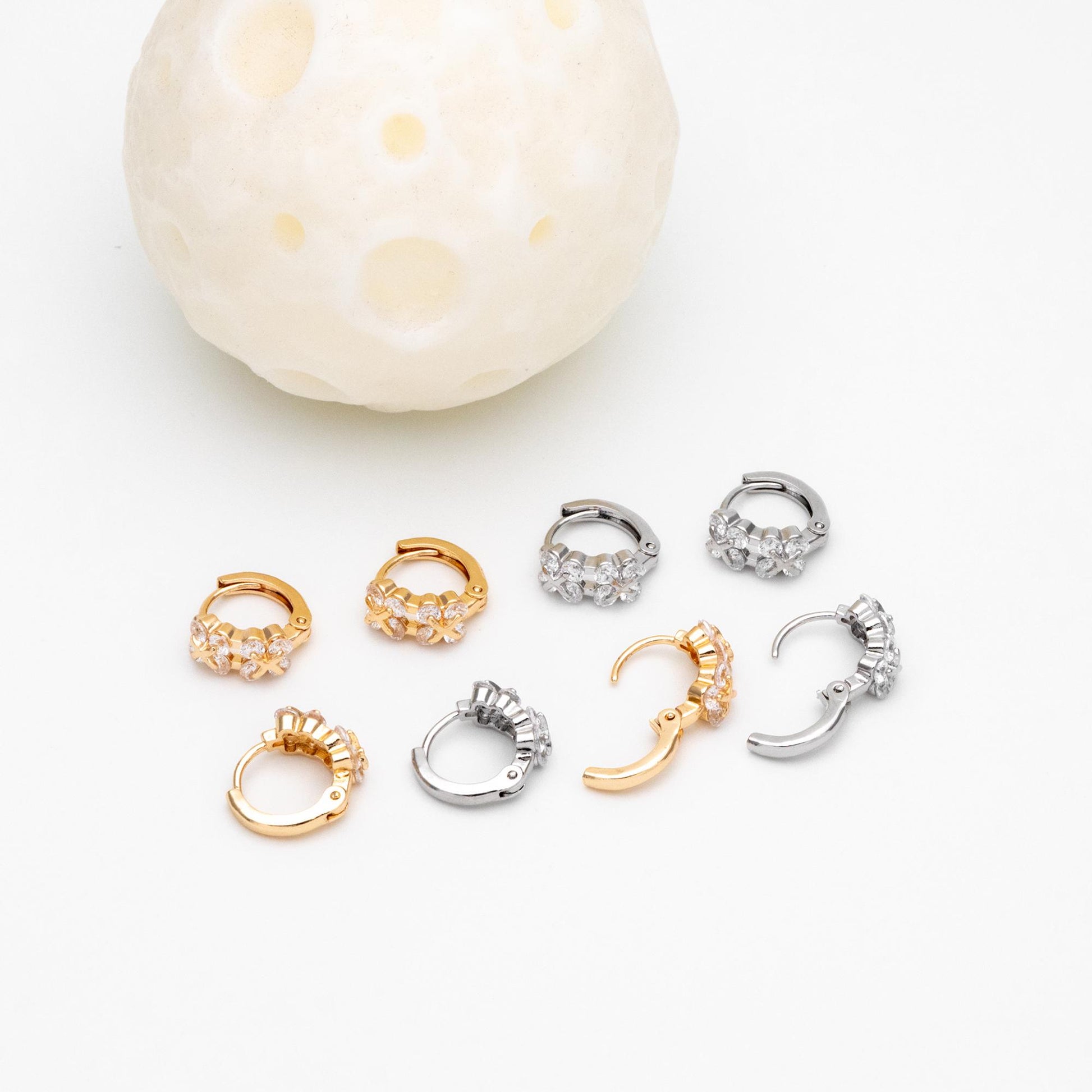 4pcs CZ Pave Gold/ Silver Tone Flower Earrings, 18K Real Gold/ Rhodium plated Brass, Dainty Hoop Earrings (GB-4578)