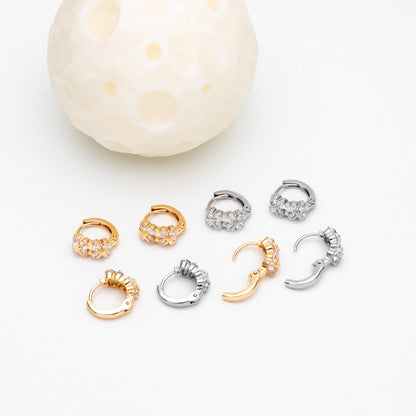 4pcs CZ Pave Gold/ Silver Tone Flower Earrings, 18K Real Gold/ Rhodium plated Brass, Dainty Hoop Earrings (GB-4578)