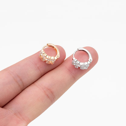 4pcs CZ Pave Gold/ Silver Tone Flower Earrings, 18K Real Gold/ Rhodium plated Brass, Dainty Hoop Earrings (GB-4578)