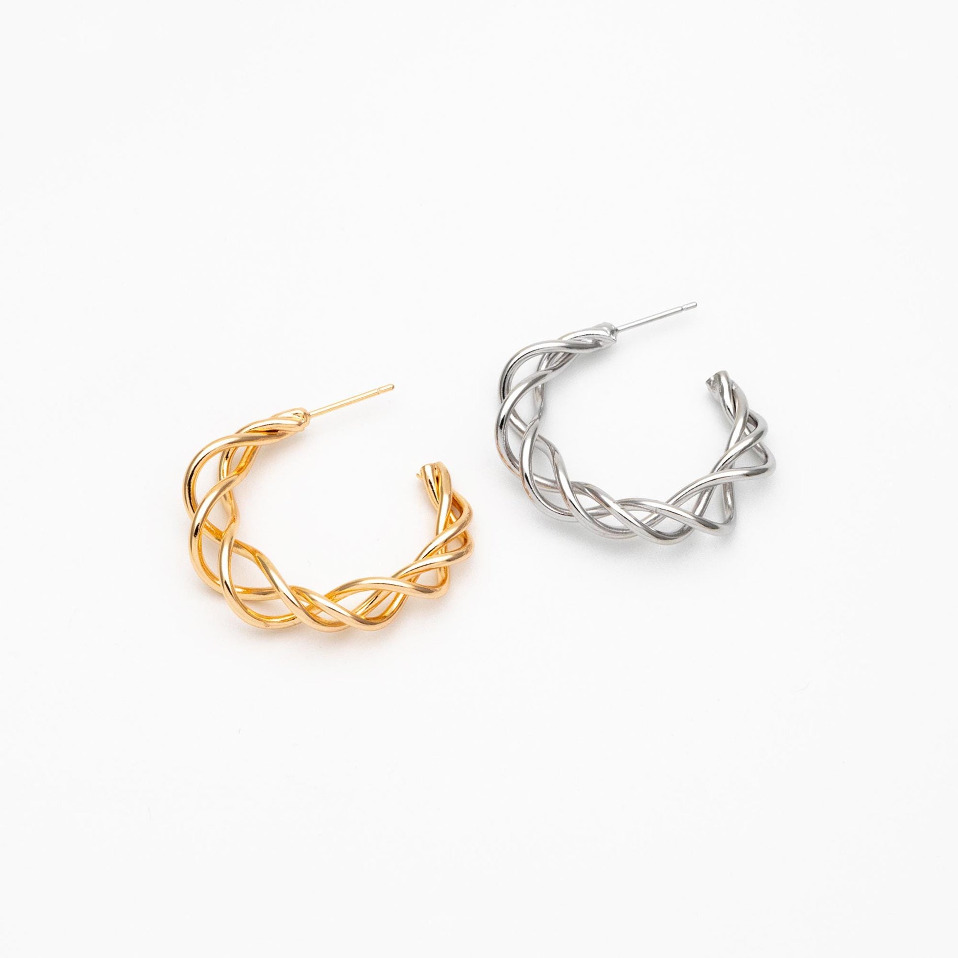 4pcs Gold/ Silver Tone Twisted Circle Earrings 32mm, Twisted Wire Stud Earrings, Geometric Hoop Earrings (GB-4580)