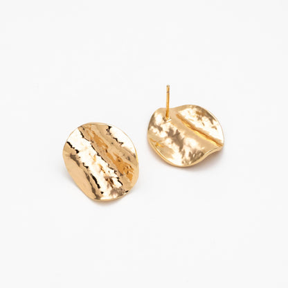 10pcs Gold Tone Waved Round Earrings, Real Gold plated Brass, Geometric Earring Studs (GB-4581)