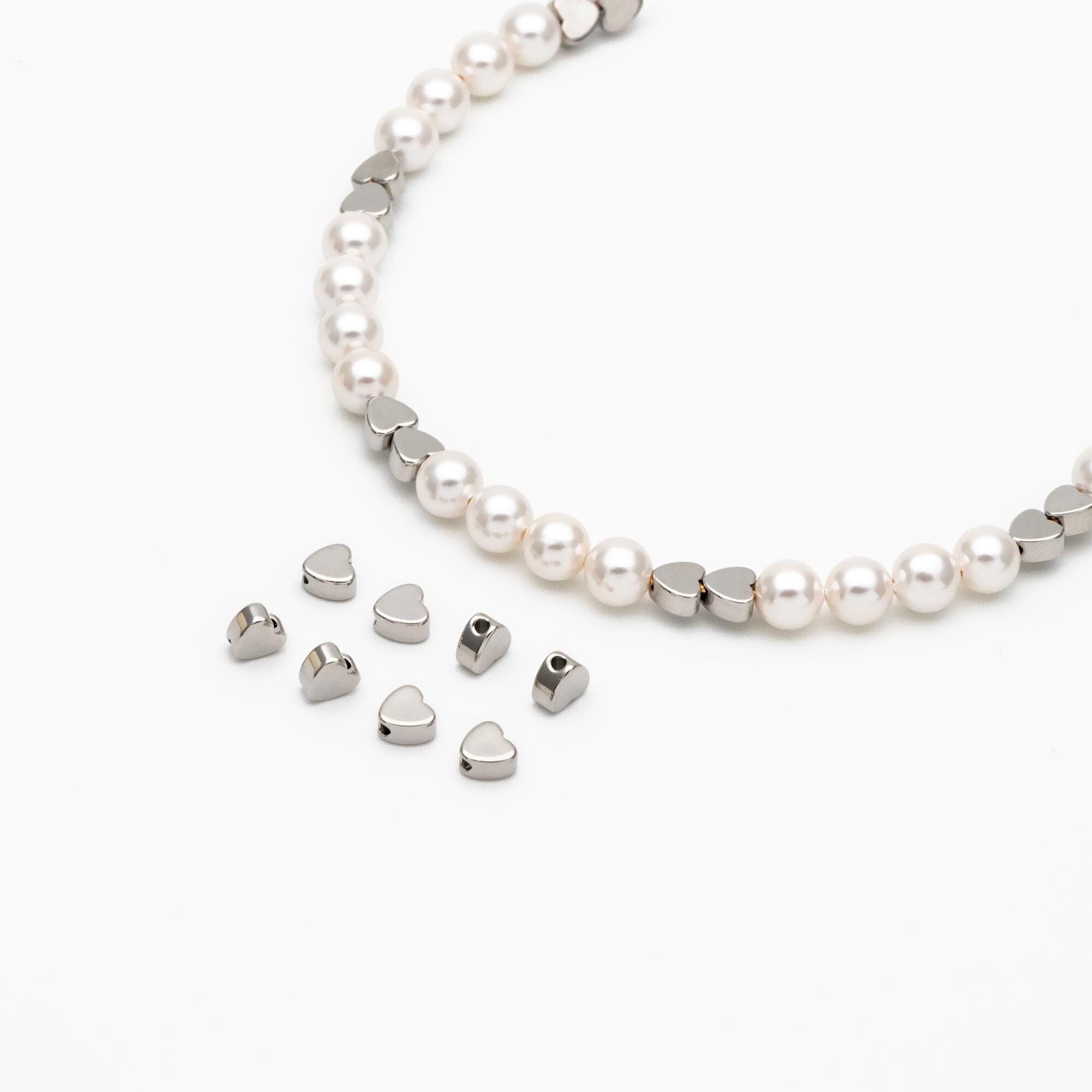 10pcs Rhodium plated Brass Heart Beads, Silver tone Heart Spacers 5mm (GB-1611)