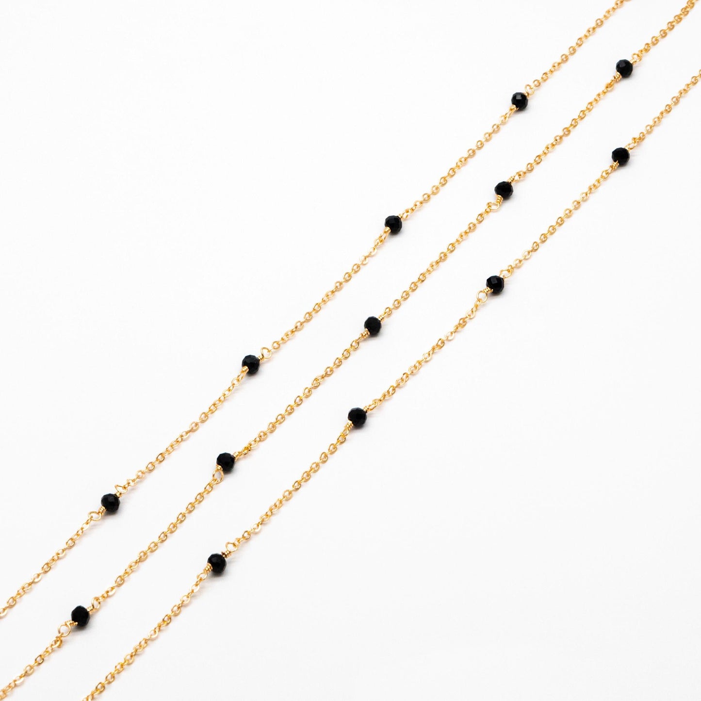 Glass Beaded Chain, 18K Gold plated Brass, 2mm Cable Chain with 4.5mm Black Glass Beads (#LK-618)/ 1 Meter=3.3ft