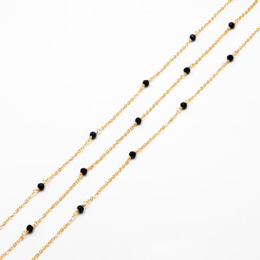 Glass Beaded Chain, 18K Gold plated Brass, 2mm Cable Chain with 4.5mm Black Glass Beads (#LK-618)/ 1 Meter=3.3ft