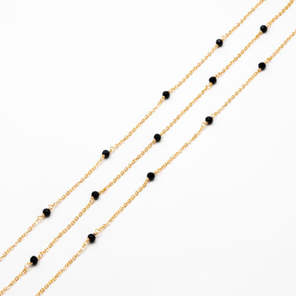 Glass Beaded Chain, 18K Gold plated Brass, 2mm Cable Chain with 4.5mm Black Glass Beads (#LK-618)/ 1 Meter=3.3ft