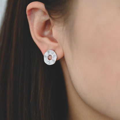 4pcs CZ Pave Gold/ Silver Tone Round Wave Earrings 14mm, Gold/ Rhodium Plated Brass Dainty Stud Earrings (GB-4487)