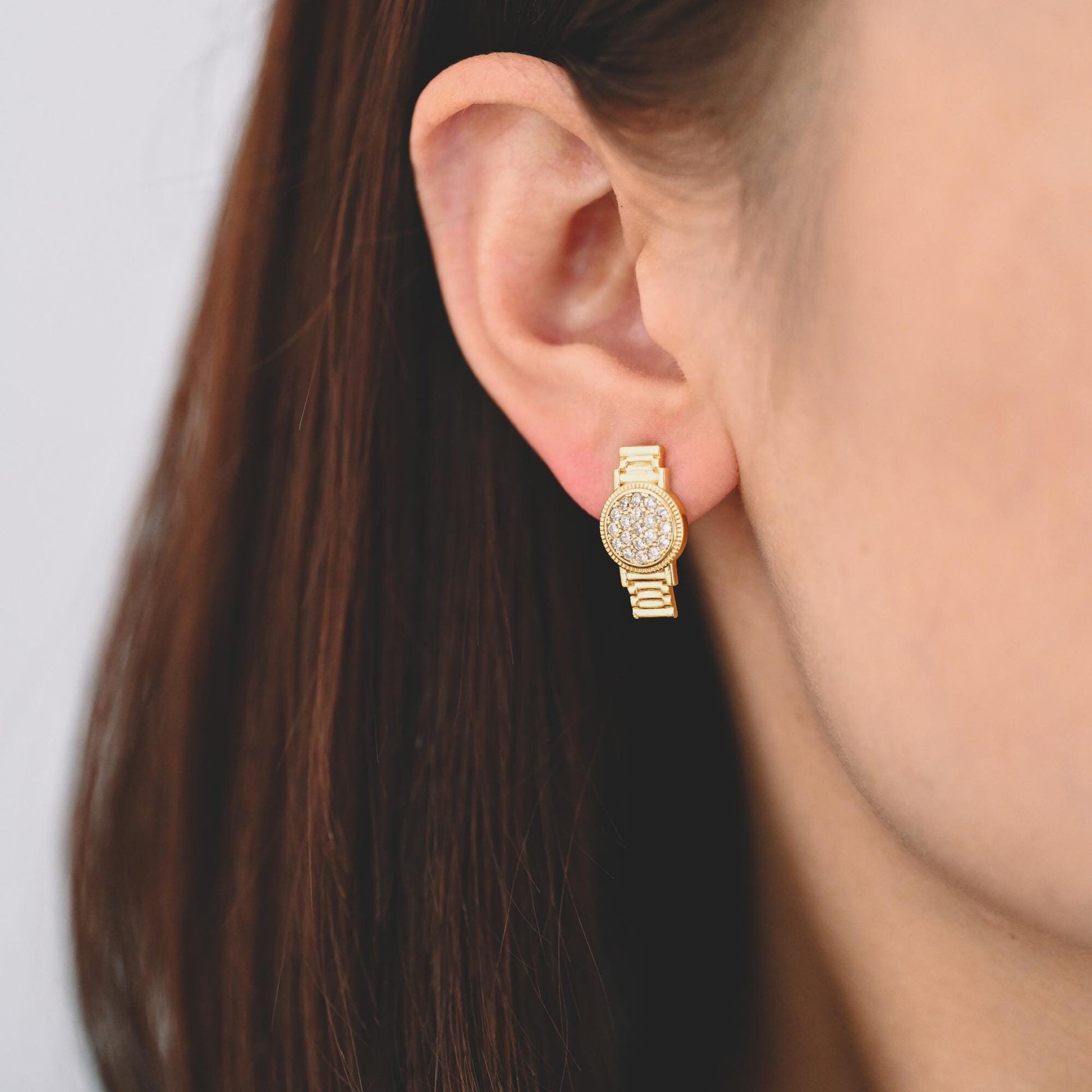 4pcs CZ Pave Gold/ Silver Watch Earrings, 18K Real Gold/ Rhodium Plated Brass, Dainty Stud Earrings (GB-4480)