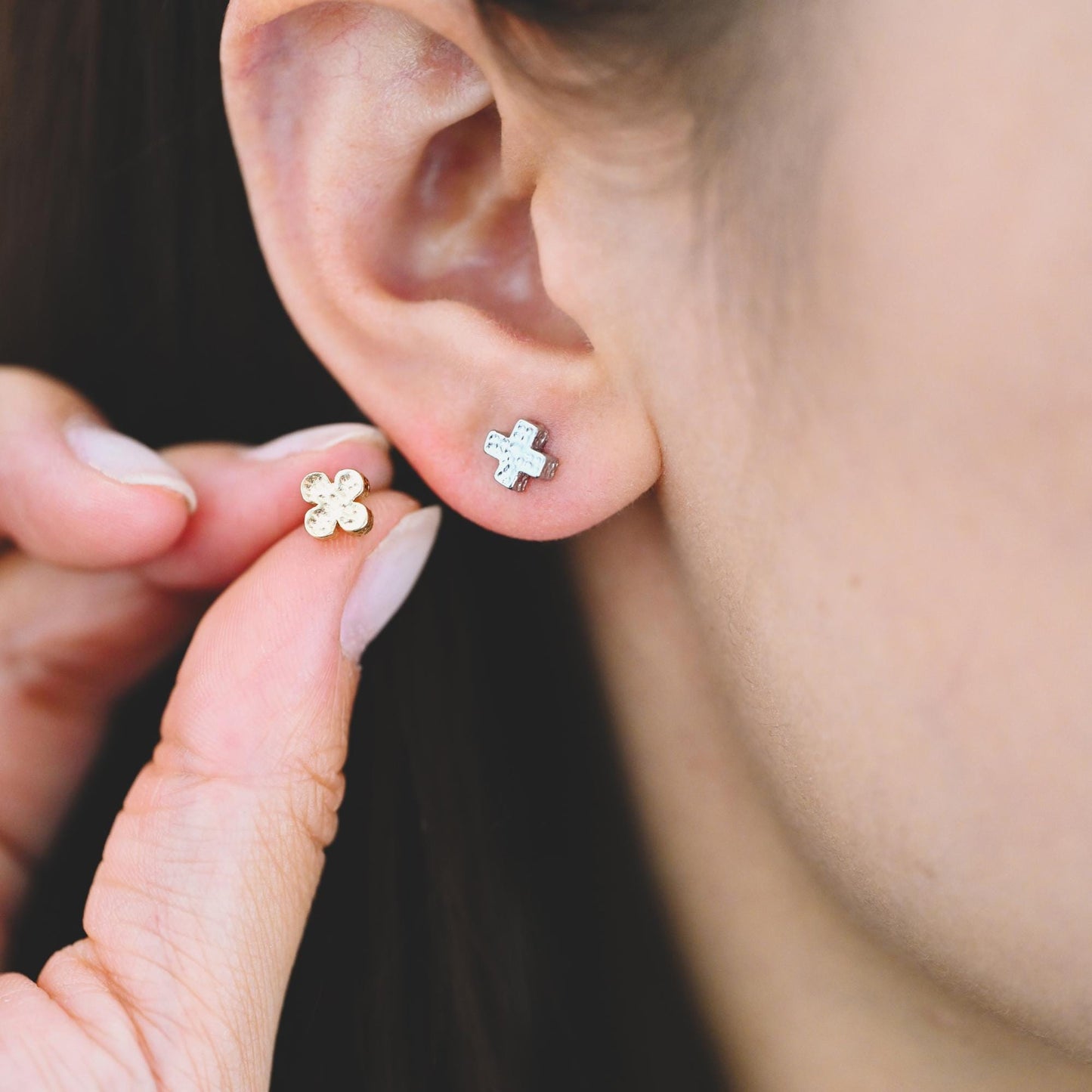 10pcs Gold/ Silver Tone Hammered Heart/ Clover/ Club/ Cross Earrings, Real Gold/ Rhodium Plated Brass Minimalist Stud Earrings (GB-4481)