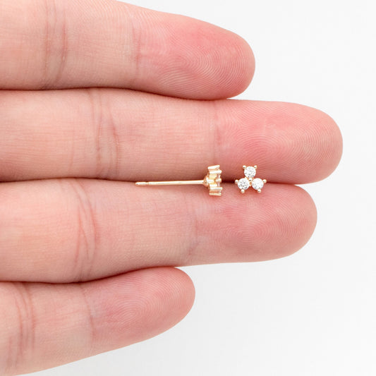 10pcs Gold Plated CZ Pave Ear Posts: Tiny Trinity Stud Earrings (GB-3395)