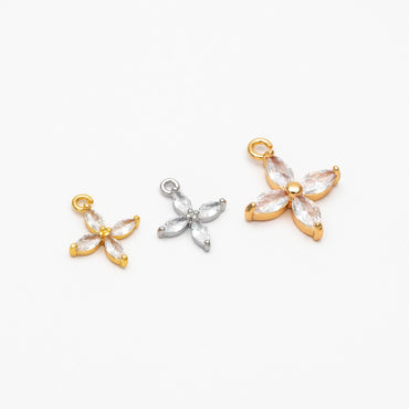 4pcs Gold CZ Flower Charm Pendants 10/ 14mm, Real Gold/ Rhodium plated Brass, Lead Nickel Free (GB-584-F)