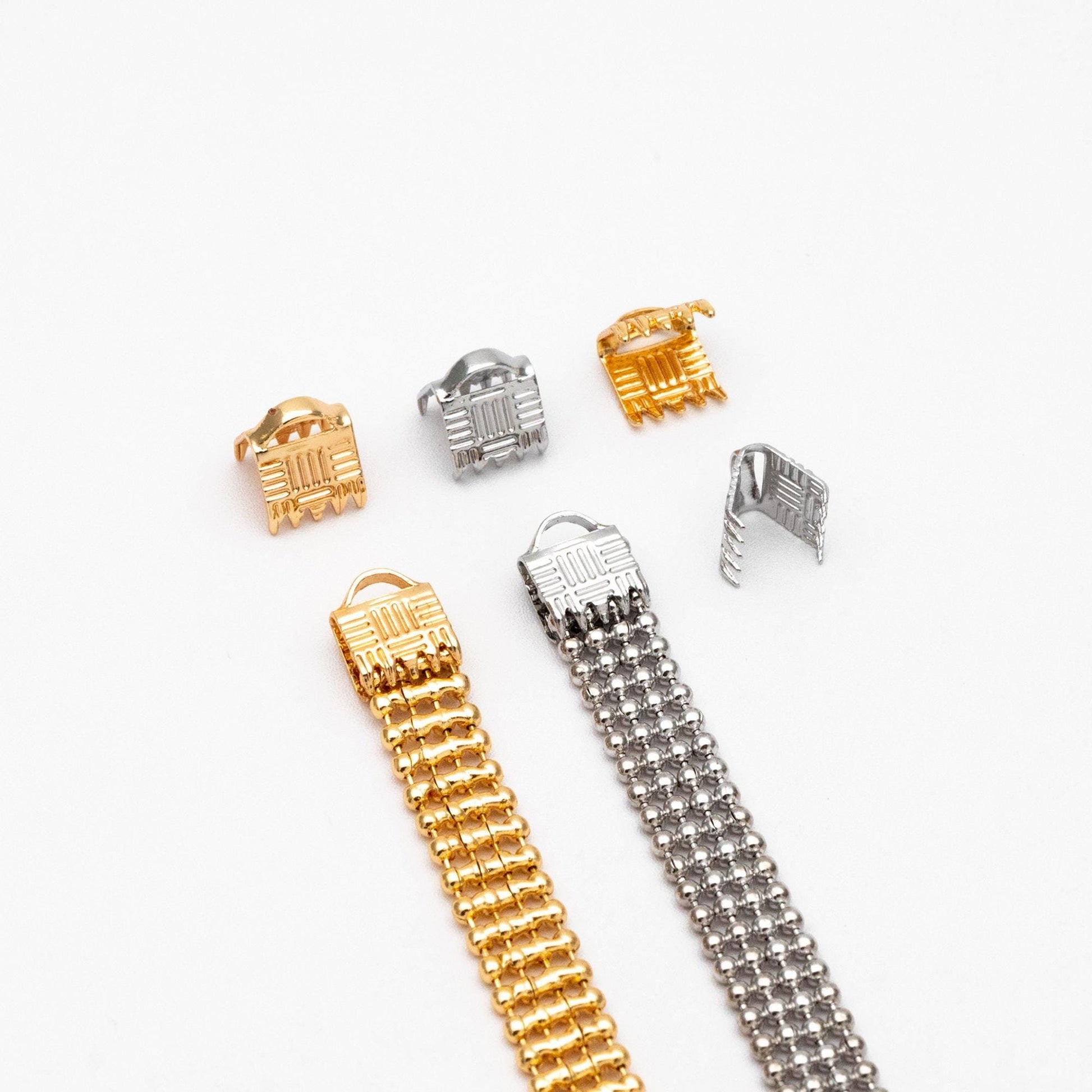 20pcs Gold/ Silver Tone Crimp End Tips, 6/ 10mm Wide End Caps, Gold/ Rhodium plated Brass End Connectors (GB-1420)