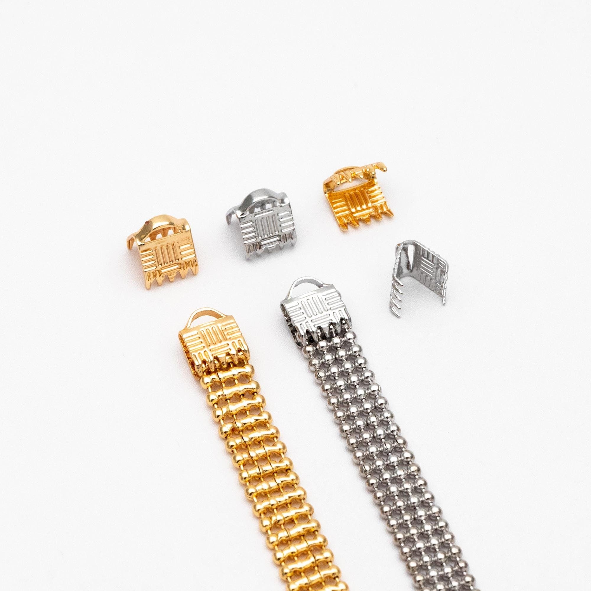 20pcs Gold/ Silver Tone Crimp End Tips, 6/ 10mm Wide End Caps, Gold/ Rhodium plated Brass End Connectors (GB-1420)