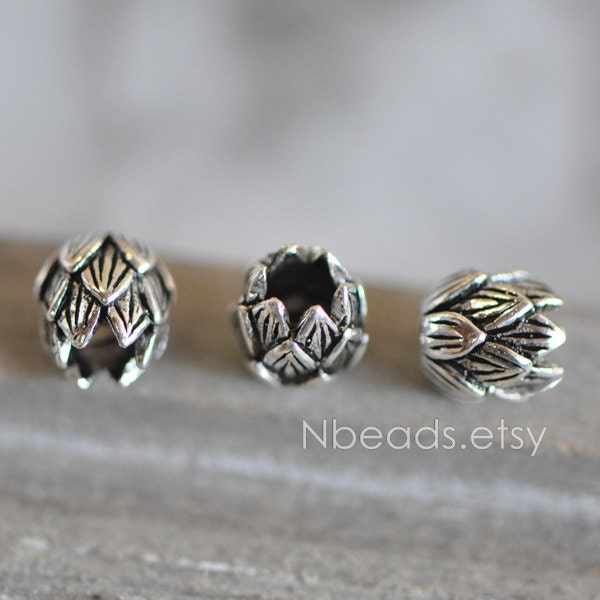 5pcs Bali 925 Sterling Silver Lotus Spacer Beads 7x8mm, Large Hole Oxidized Flower beads Wholesale (CY-020)