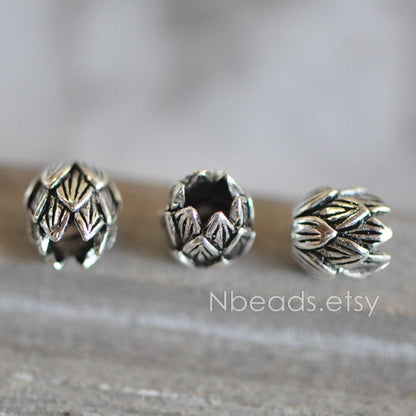 5pcs Bali 925 Sterling Silver Lotus Spacer Beads 7x8mm, Large Hole Oxidized Flower beads Wholesale (CY-020)