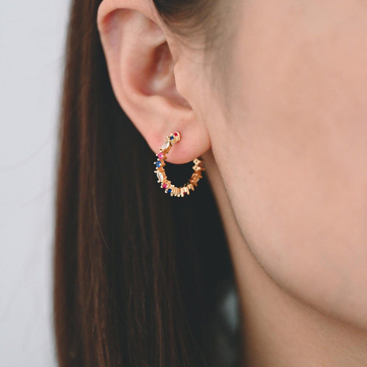 4pcs CZ Pave Gold/ Silver Round Circle Earrings, Gold/ Rhodium plated Brass, Geometric Hoop Stud Earrings (GB-4505)