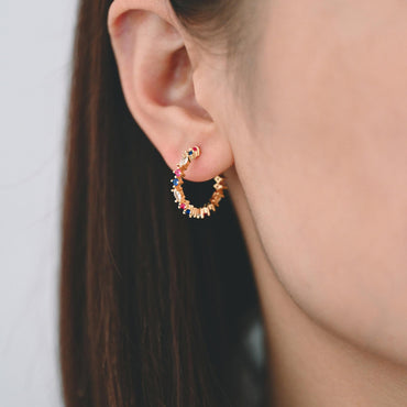 4pcs CZ Pave Gold/ Silver Round Circle Earrings, Gold/ Rhodium plated Brass, Geometric Hoop Stud Earrings (GB-4505)