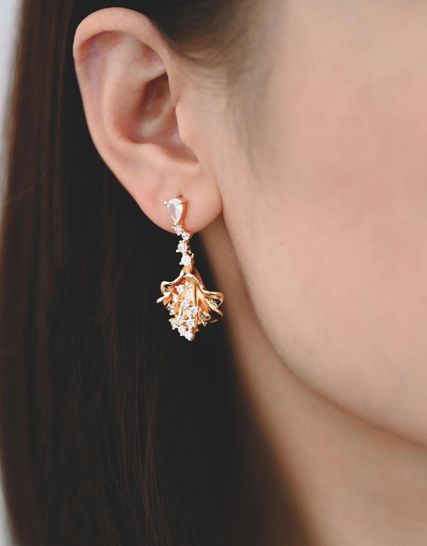 4pcs CZ Pave Gold/ Silver Tone Flower Earrings, 18K Gold/ Rhodium plated Brass, Dainty Dangle Earrings (GB-4517)