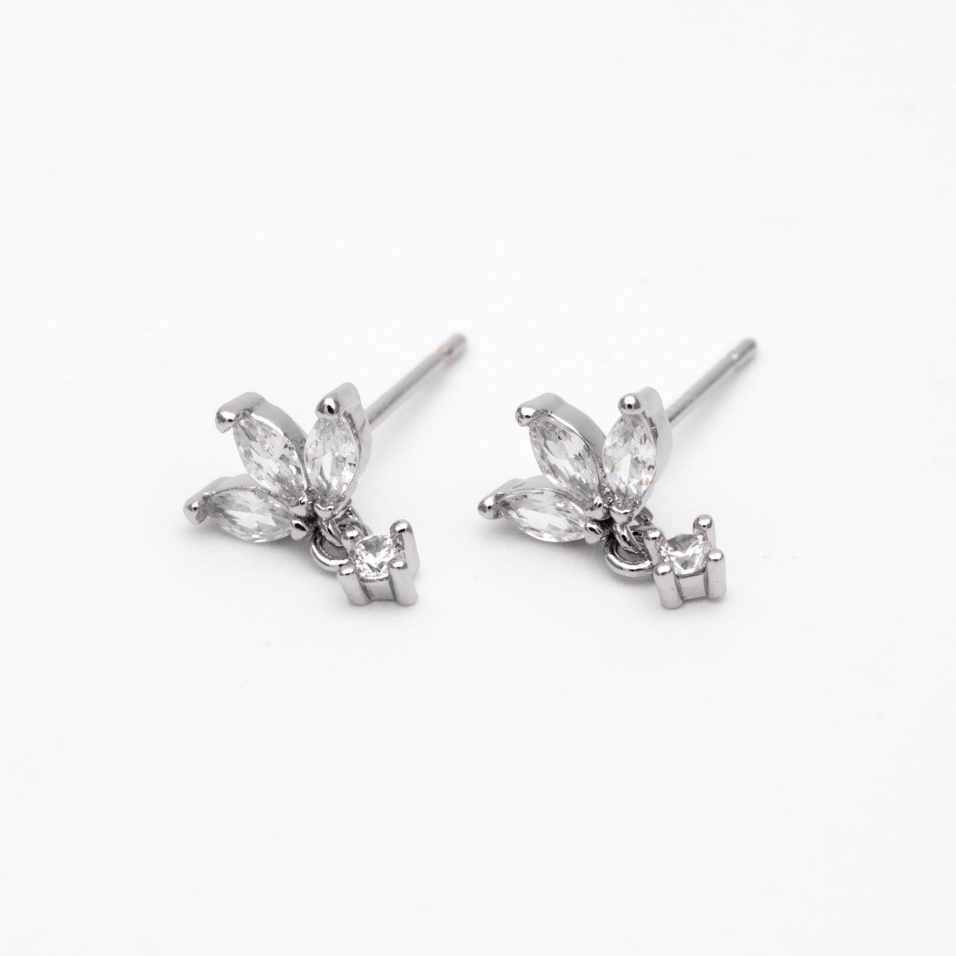 10pcs CZ Pave Gold/ Silver Leaf Earring Posts, Flower Earring, Gold/ Rhodium Plated Brass, Jewelry Supplies (GB-3397)