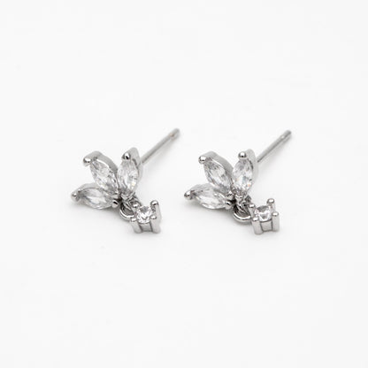 10pcs CZ Pave Gold/ Silver Leaf Earring Posts, Flower Earring, Gold/ Rhodium Plated Brass, Jewelry Supplies (GB-3397)