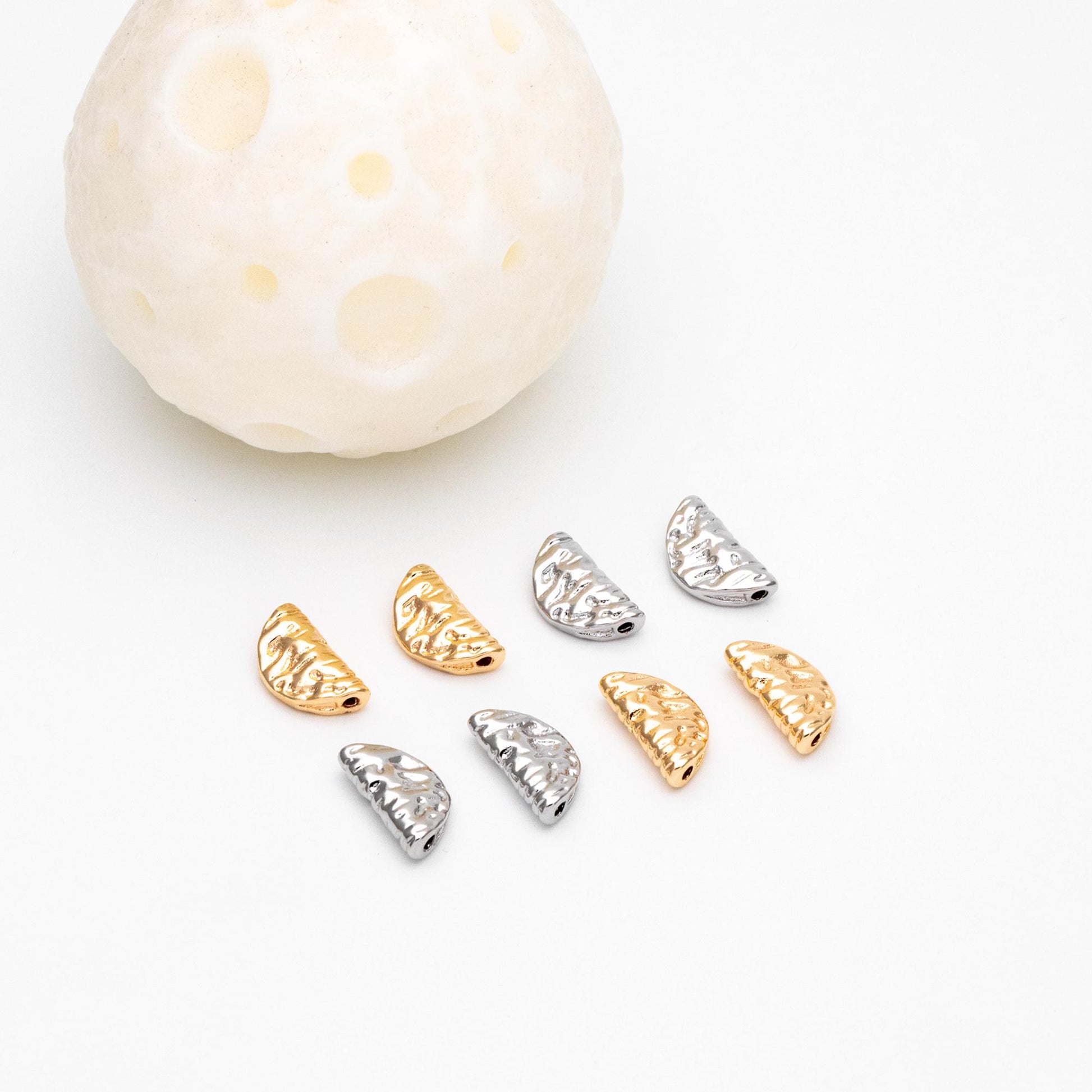 10pcs Gold/ Silver Tone Textured Semi-Circle Spacer Beads, Half Moon Beads, Jewelry Making Supplies Wholesale (GB-4586)