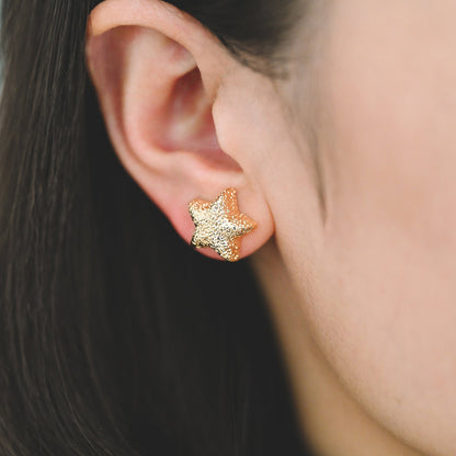 10pcs Gold Star Earrings 15mm, Real Gold Plated Brass Star Stud Earrings (#GB-4240)