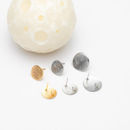 10pcs Brushed Gold/ Silver Ear Posts with Loops, 18K Gold/ Rhodium Plated Brass, Round Disc Geometric Earring Studs 12/15mm (GB-478)