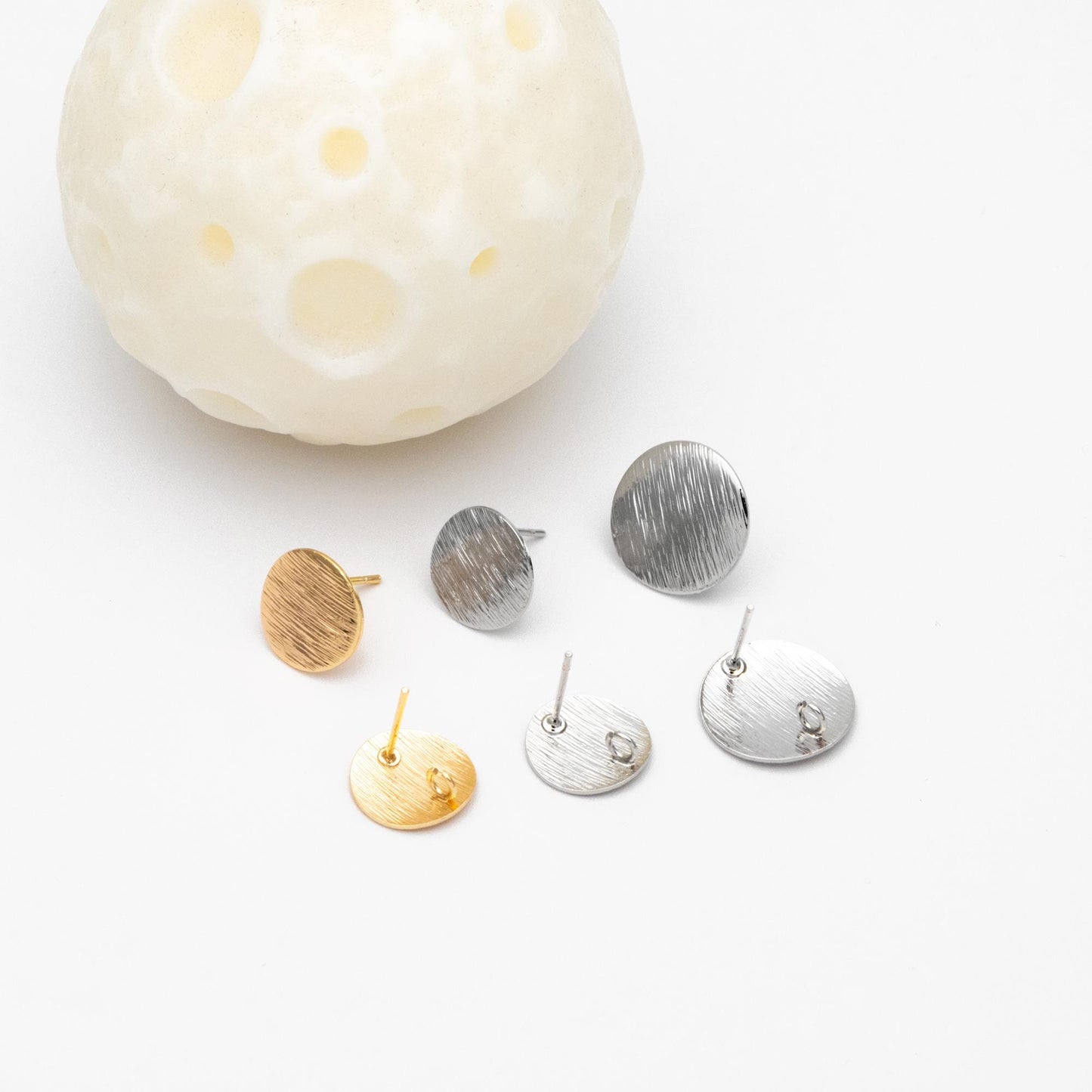 10pcs Brushed Gold/ Silver Ear Posts with Loops, 18K Gold/ Rhodium Plated Brass, Round Disc Geometric Earring Studs 12/15mm (GB-478)