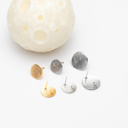 10pcs Brushed Gold/ Silver Ear Posts with Loops, 18K Gold/ Rhodium Plated Brass, Round Disc Geometric Earring Studs 12/15mm (GB-478)