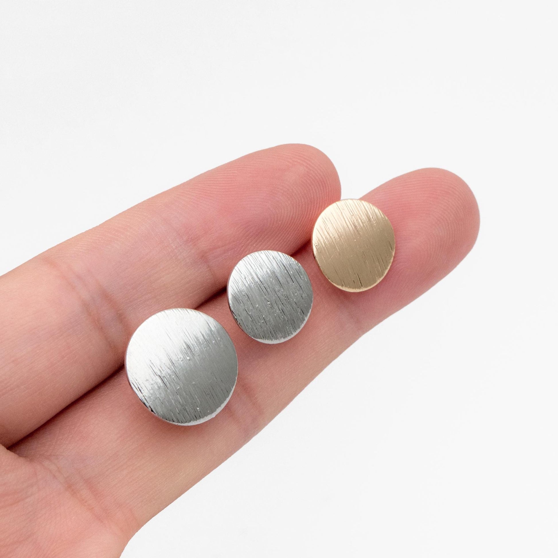 10pcs Brushed Gold/ Silver Ear Posts with Loops, 18K Gold/ Rhodium Plated Brass, Round Disc Geometric Earring Studs 12/15mm (GB-478)