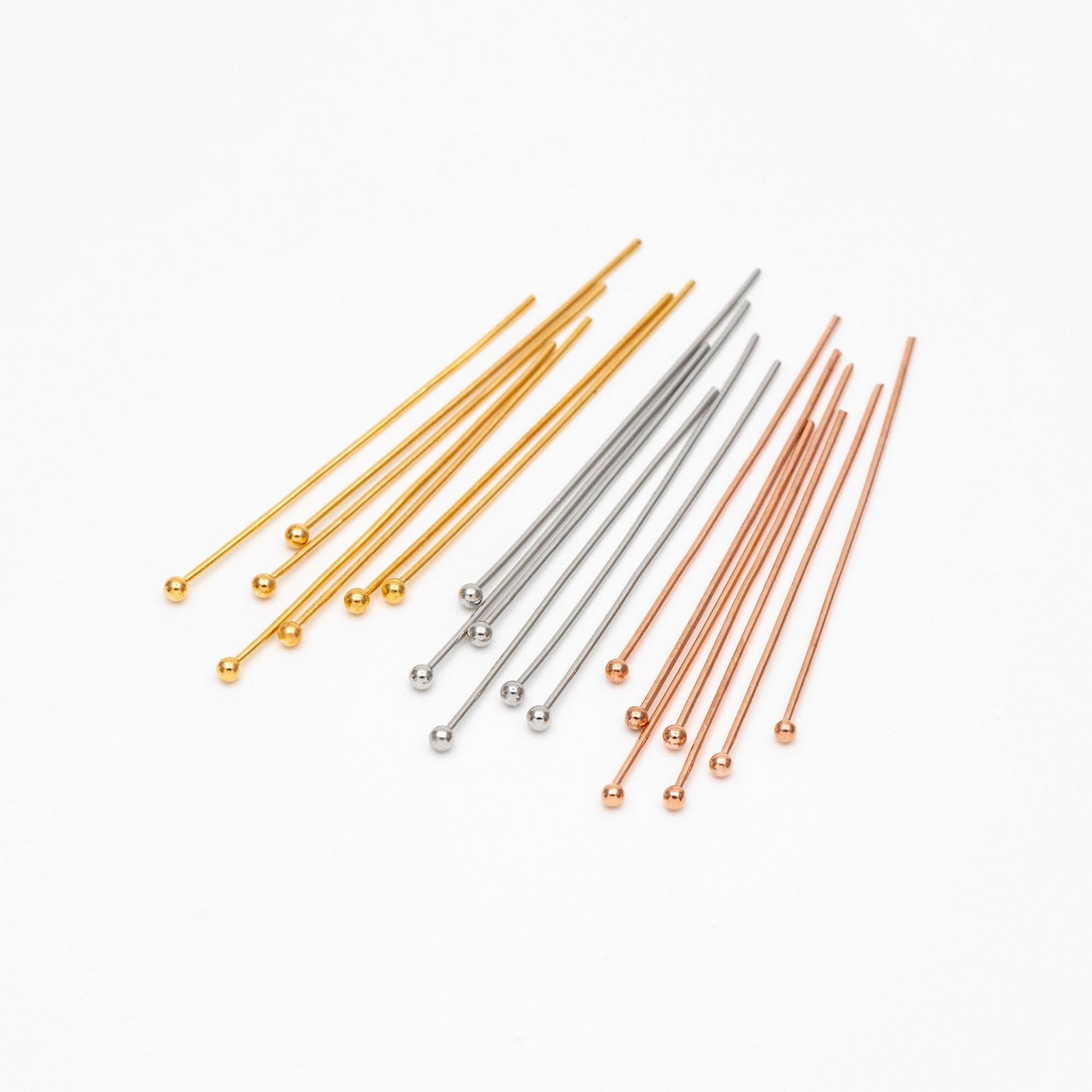 100pcs Gold/ Silver/ Rose Gold Ball Point Headpins, 0.5mm (24 Gauge)/ 0.7mm (21 Gauge), Gold/ Rhodium plated Brass Ball Head Pins (GB-024)