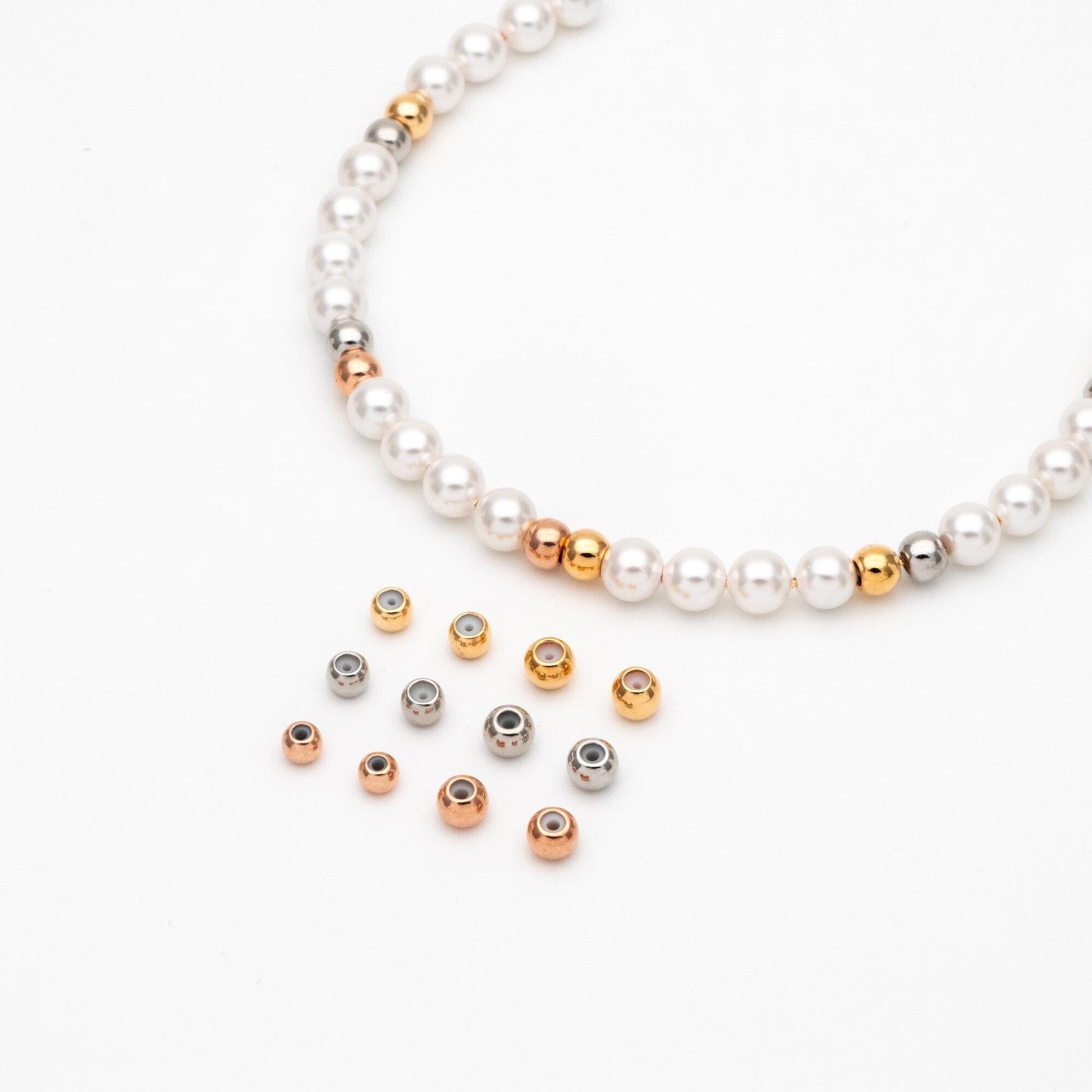 20pcs Gold/ Silver/ Rose Gold Round Rubber Stopper Beads 3/4/5mm, Gold/ Rhodium plated Brass, Tiny Rondelle Charm Holder Connector (GB-392)