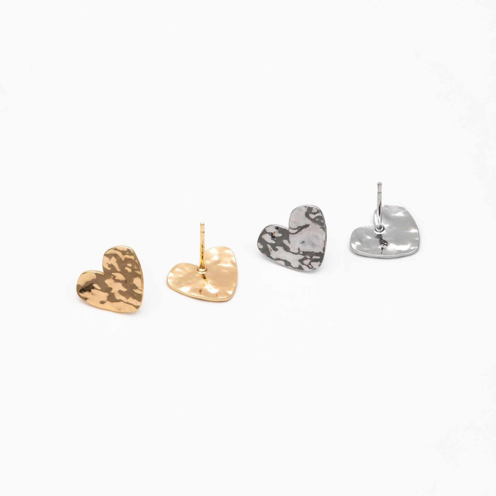 10pcs Gold/ Silver Hammered Heart Earrings, Real Gold/ Rhodium plated Brass, Geometric Earring Studs (GB-4567)