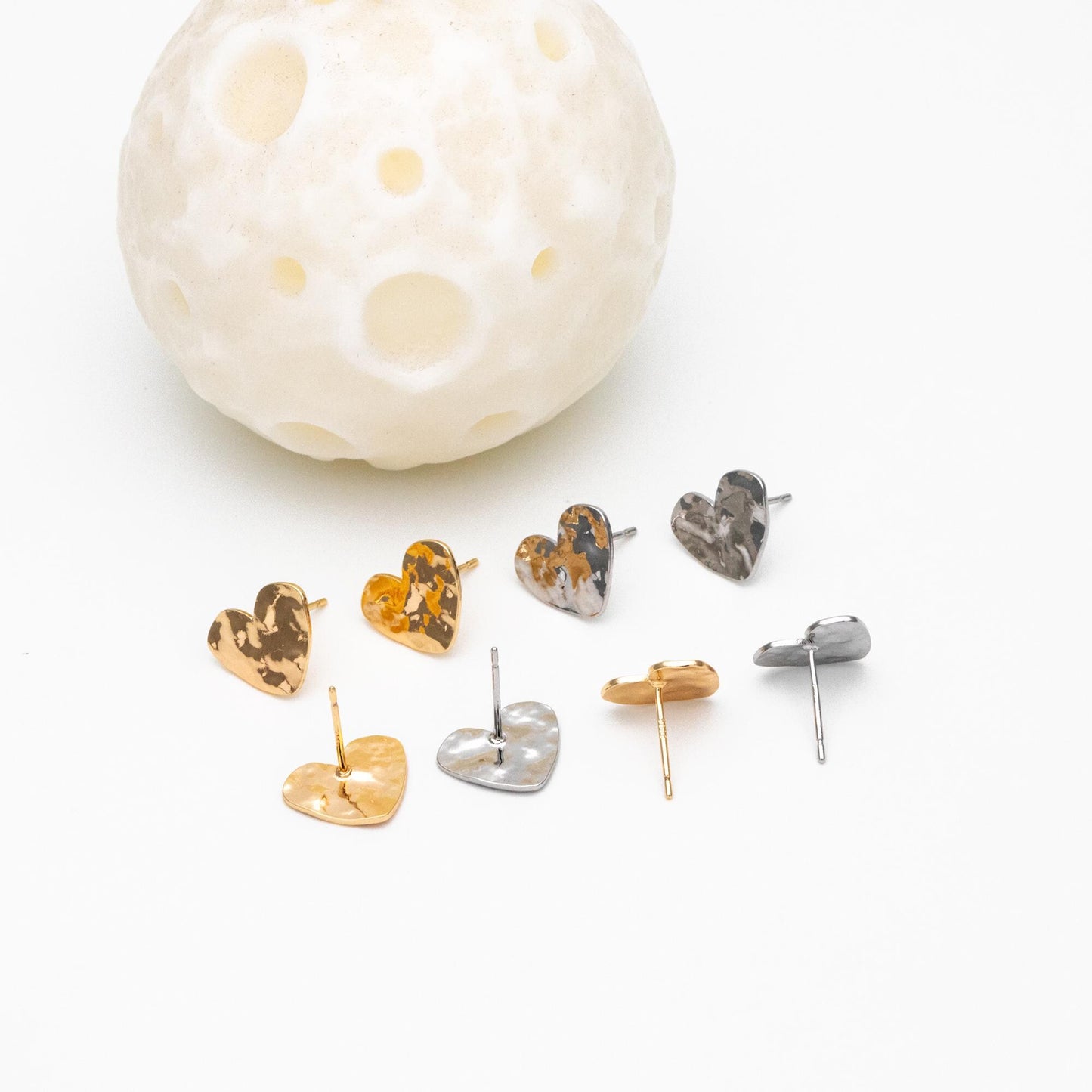 10pcs Gold/ Silver Hammered Heart Earrings, Real Gold/ Rhodium plated Brass, Geometric Earring Studs (GB-4567)