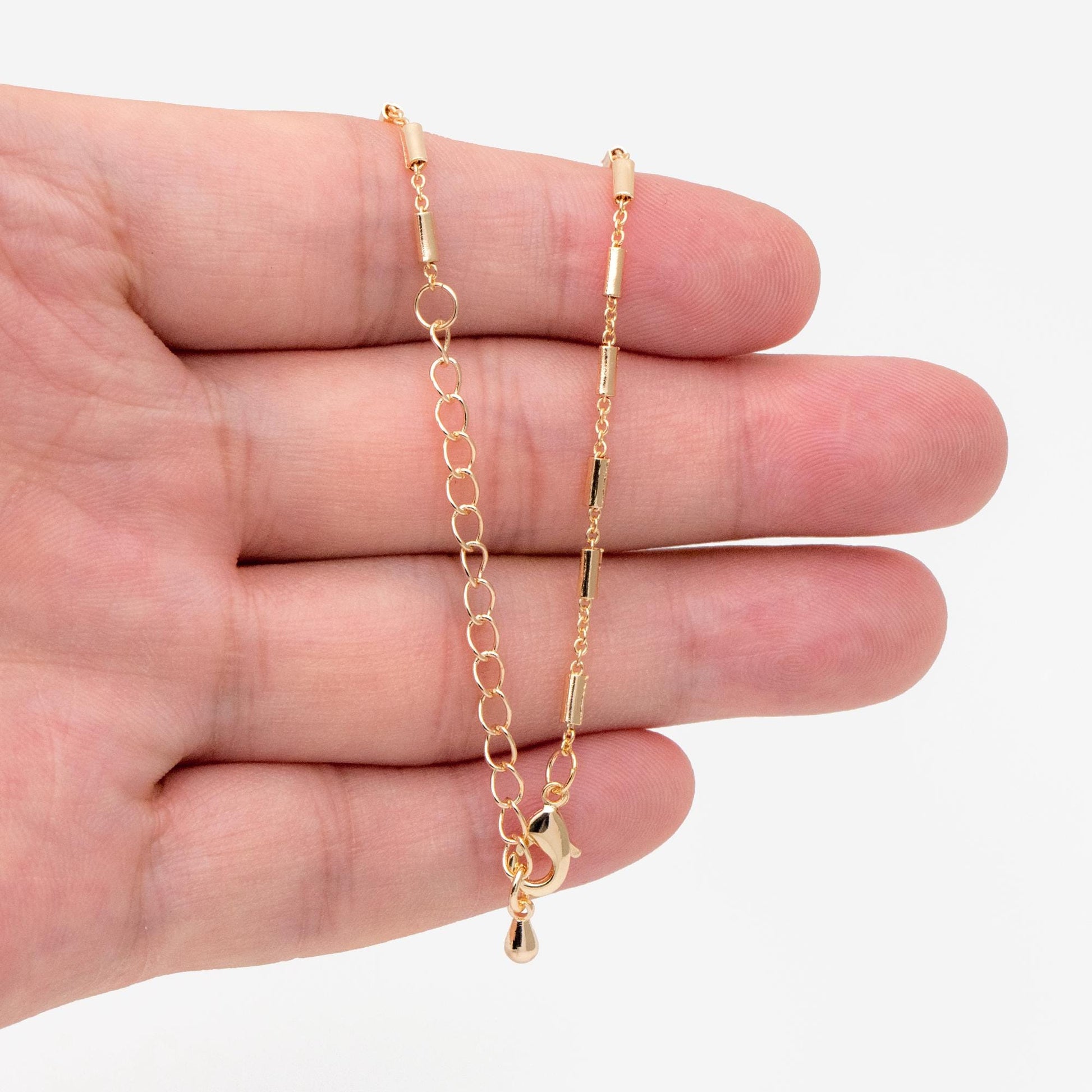 Gold Tube Chains 2mm, Finished Bracelet/ Anklet/ Necklace with Extender Chain, Ready to Wear (#LK-280)