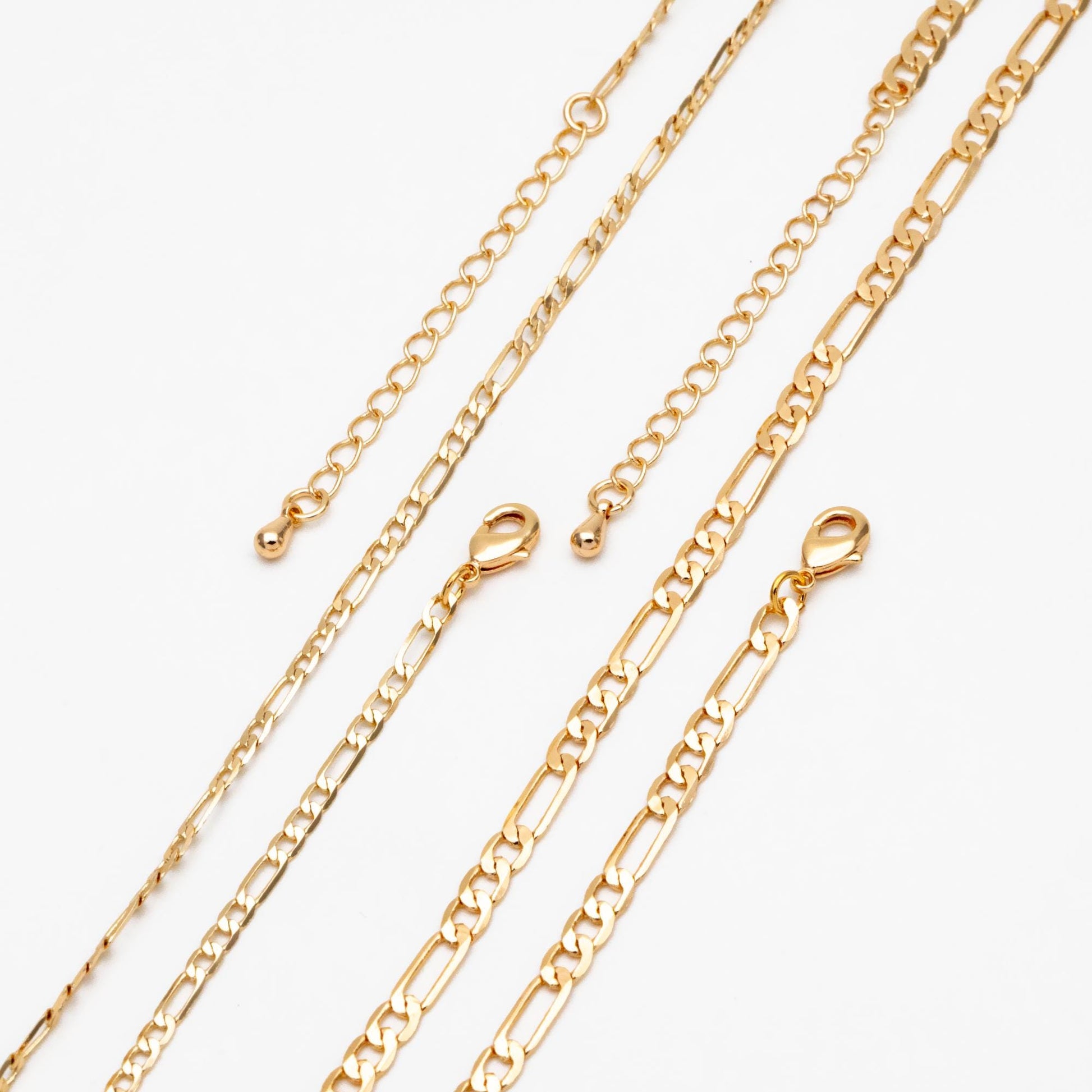 Gold Delicate Flat Figaro Chains 2.5/ 3.5mm, Finished Bracelet/ Anklet/ Necklace with Extender Chain, Ready to Wear (#LK-355)