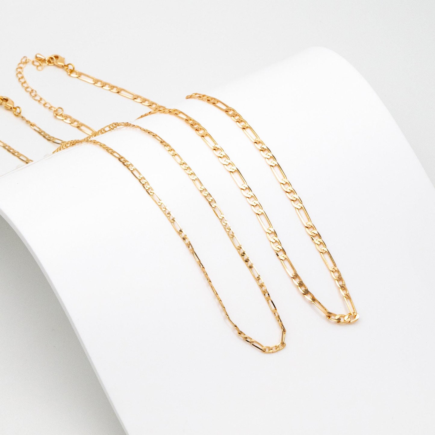 Gold Delicate Flat Figaro Chains 2.5/ 3.5mm, Finished Bracelet/ Anklet/ Necklace with Extender Chain, Ready to Wear (#LK-355)