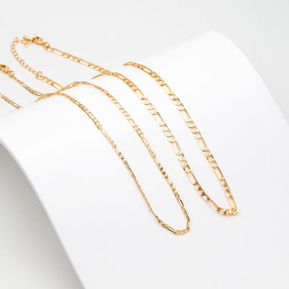 Gold Delicate Flat Figaro Chains 2.5/ 3.5mm, Finished Bracelet/ Anklet/ Necklace with Extender Chain, Ready to Wear (#LK-355)