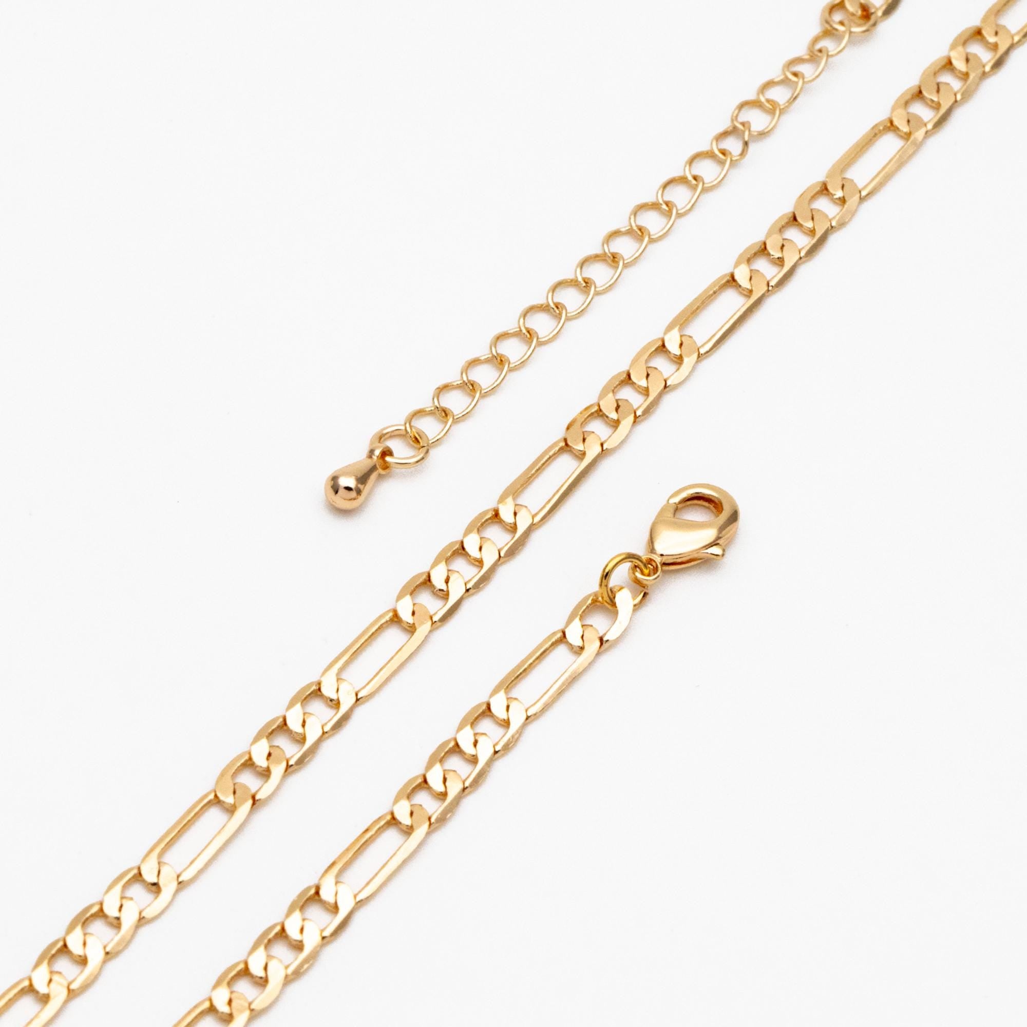 Gold Delicate Flat Figaro Chains 2.5/ 3.5mm, Finished Bracelet/ Anklet/ Necklace with Extender Chain, Ready to Wear (#LK-355)