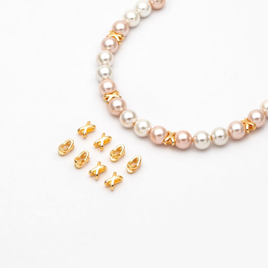 10pcs Gold X Shape Slider Spacer Beads, 8x5mm, 18K Gold plated Brass, Slider Bead for Leather Cord or Bracelet (GB-4277)