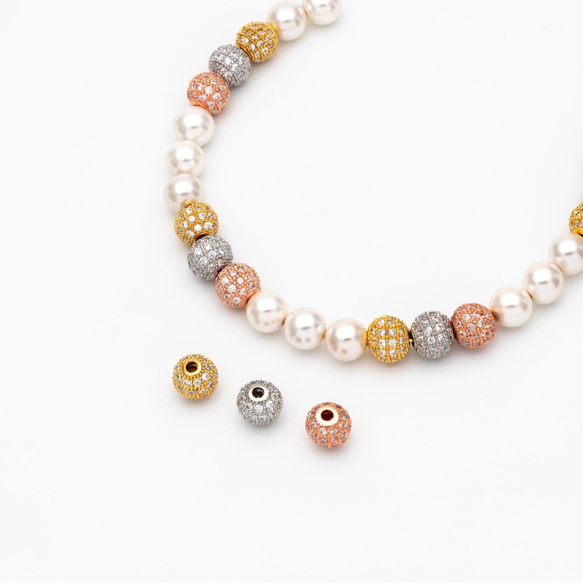 4pcs CZ pave Round Beads 8mm, Gold/ Rhodium/ Rose Gold plated Brass, Big Hole Spacer Beads (GB-2327)
